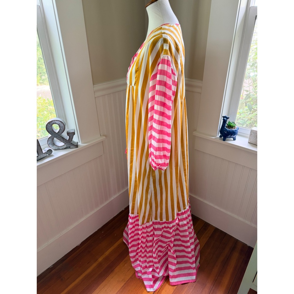 NWT Sunshine Tienda Copa Dress Mustard Pink Striped Cotton Maxi M/L - Picture 11 of 14